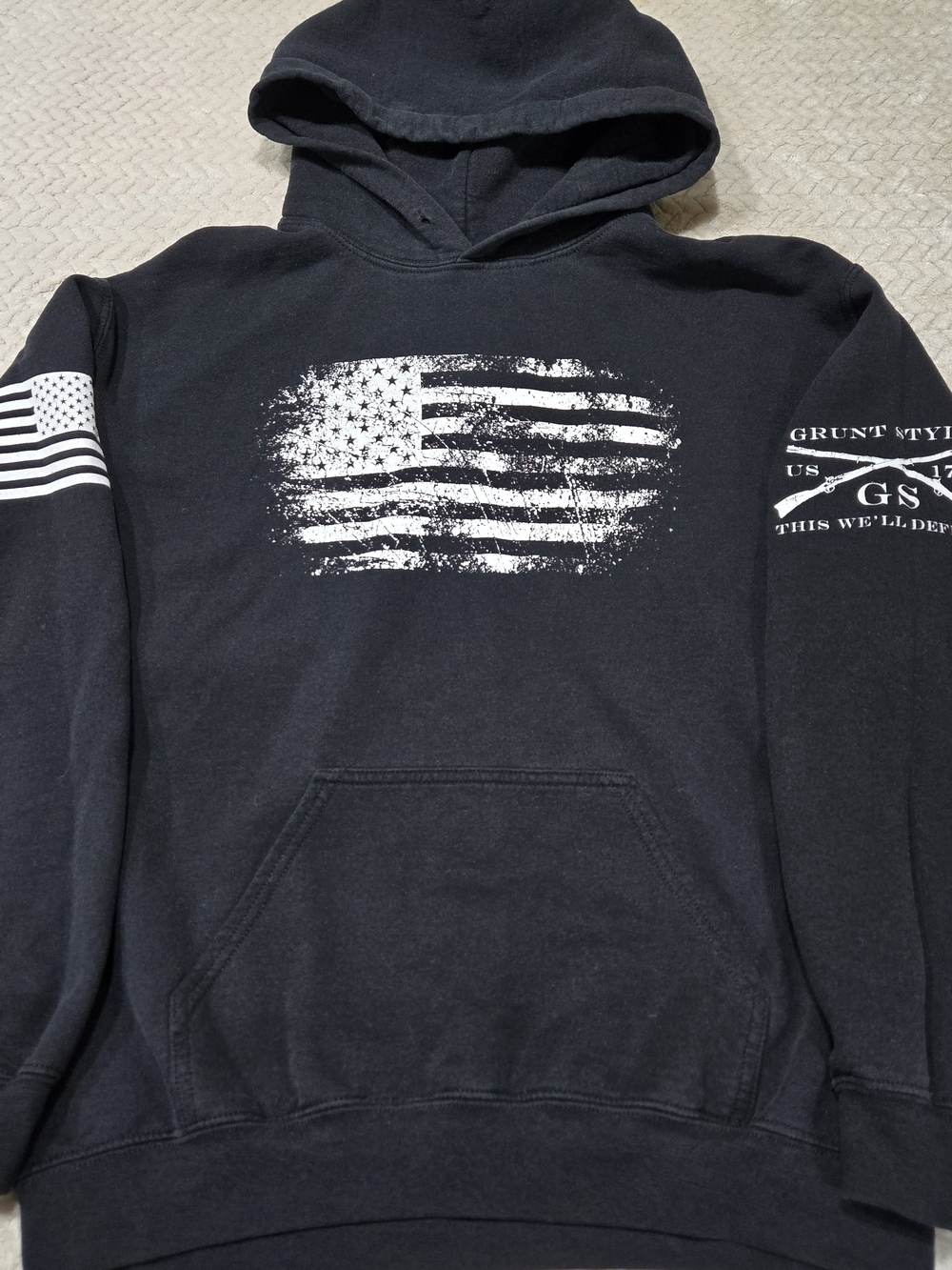 Grunt Style Black Hoodie with Distressed White American Flag